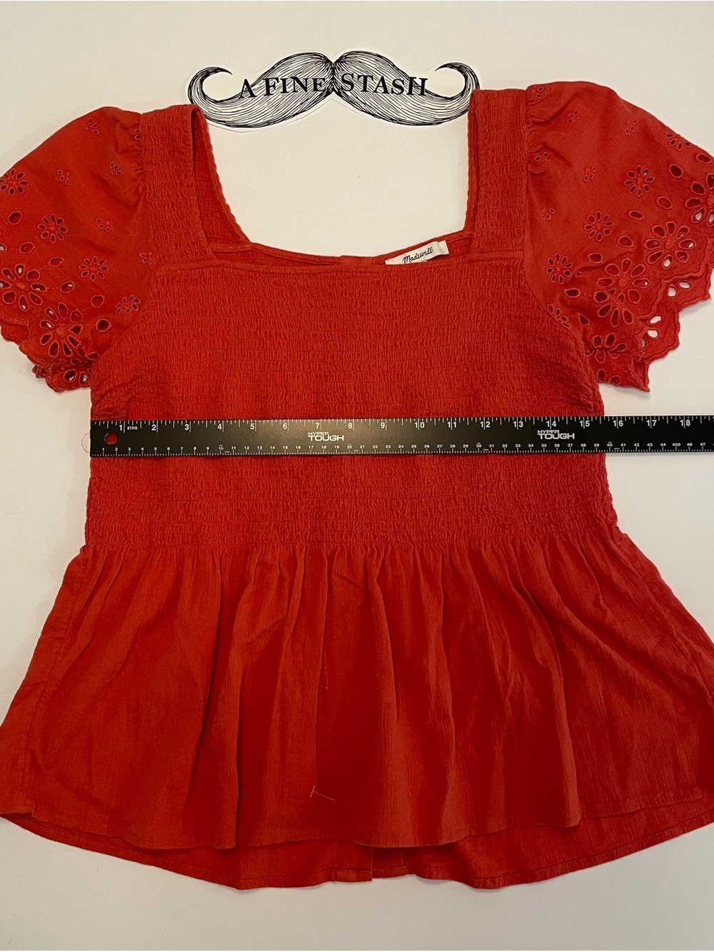Madewell Red Smocked Peplum Top with Eyelet Puff Sleeves